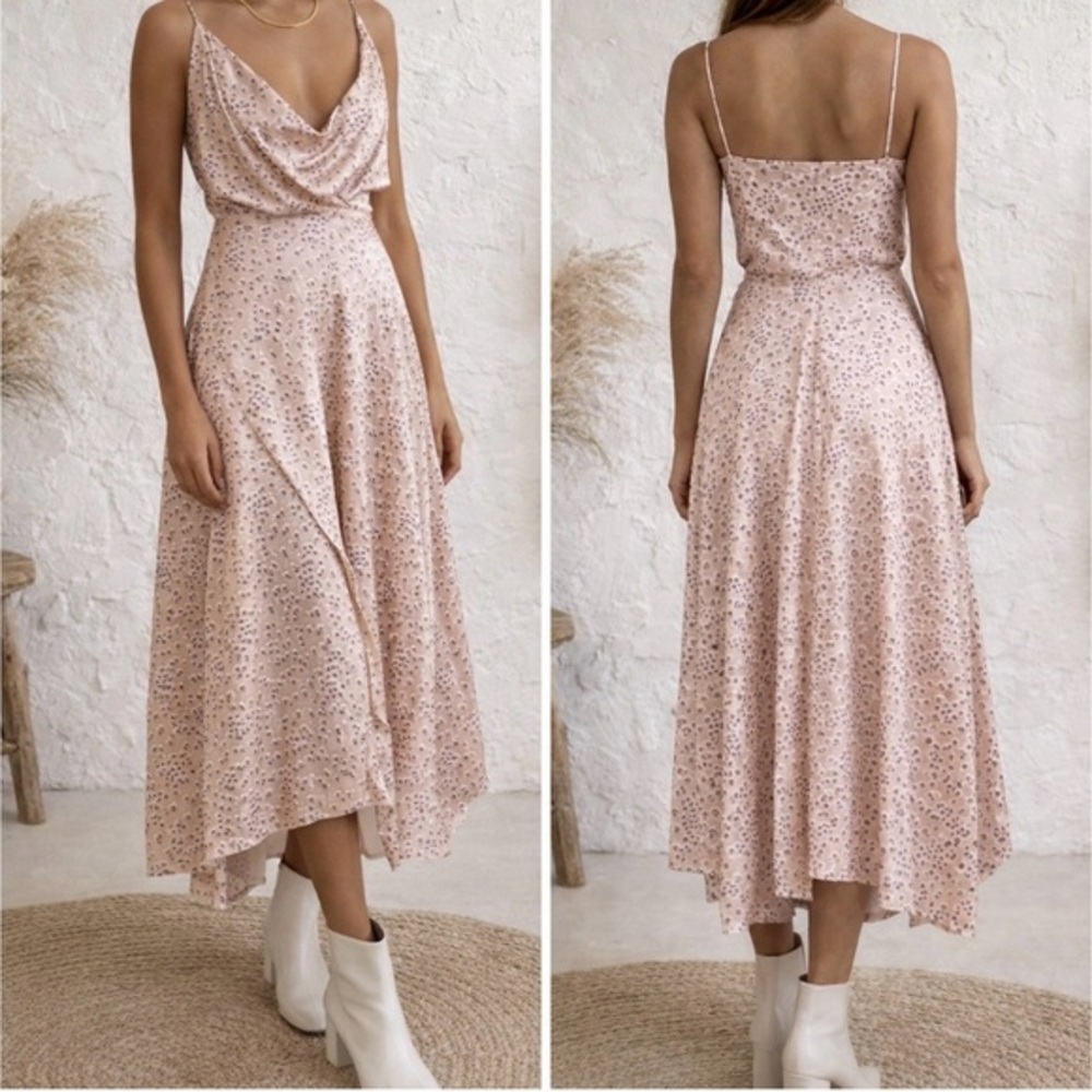 Acler Vales Ditsy Blossum Asymmetrical Midi Satin Dress in Light Pink